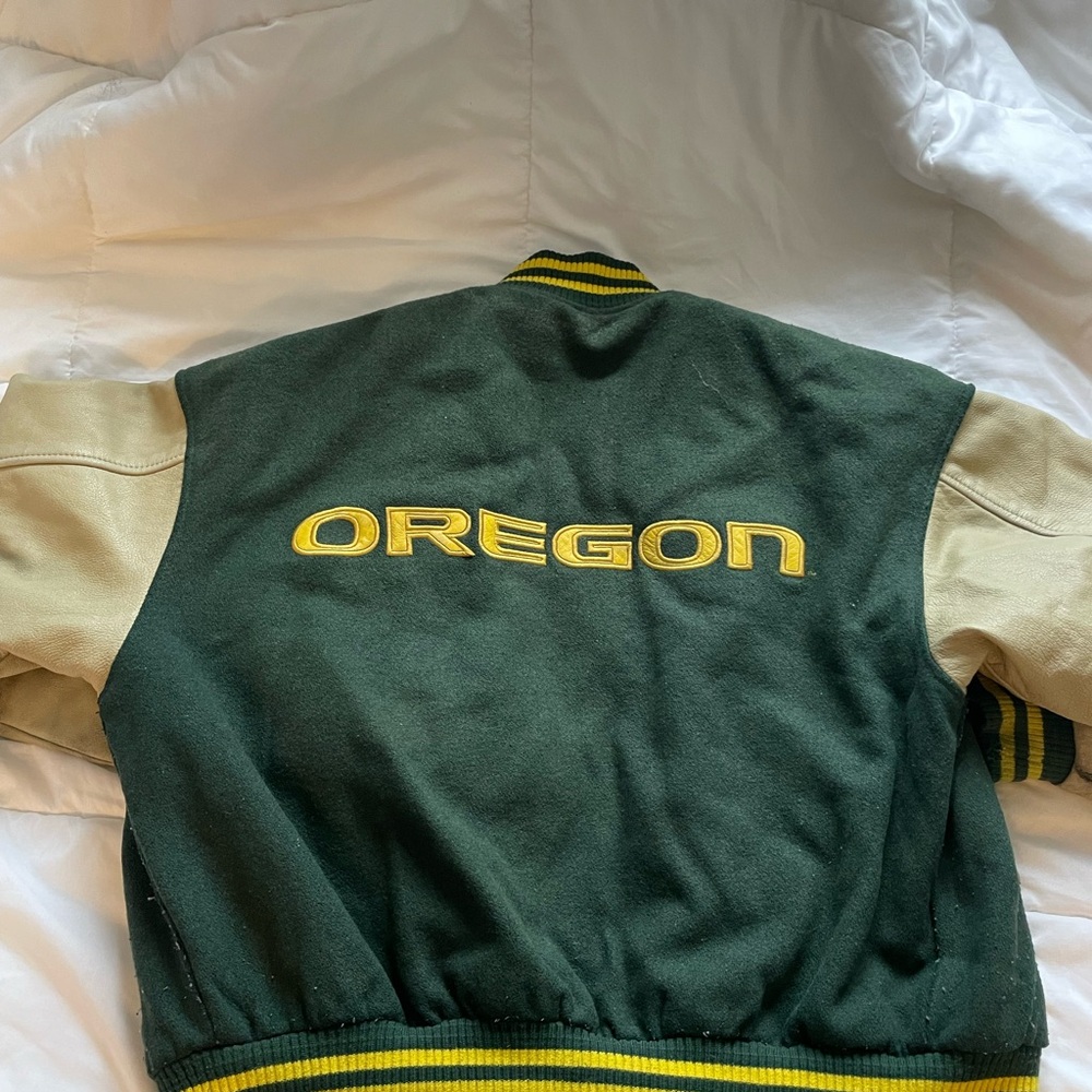 Green and Tan Oregon Varsity Letterman Jacket